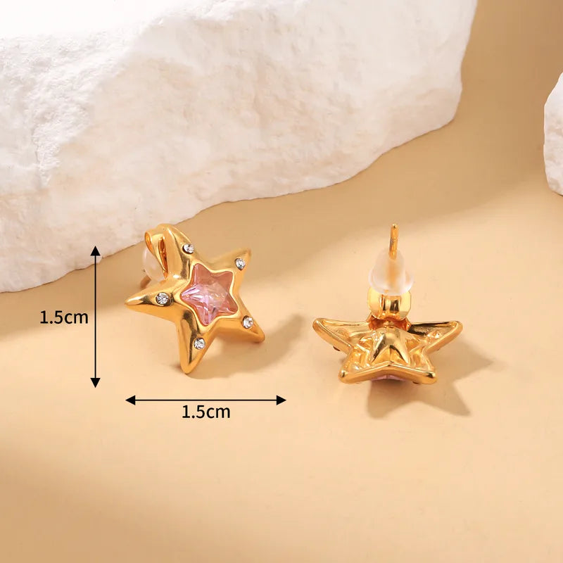 Star Pink Gem 18K Gold Plated 304 Stainless Steel Stud