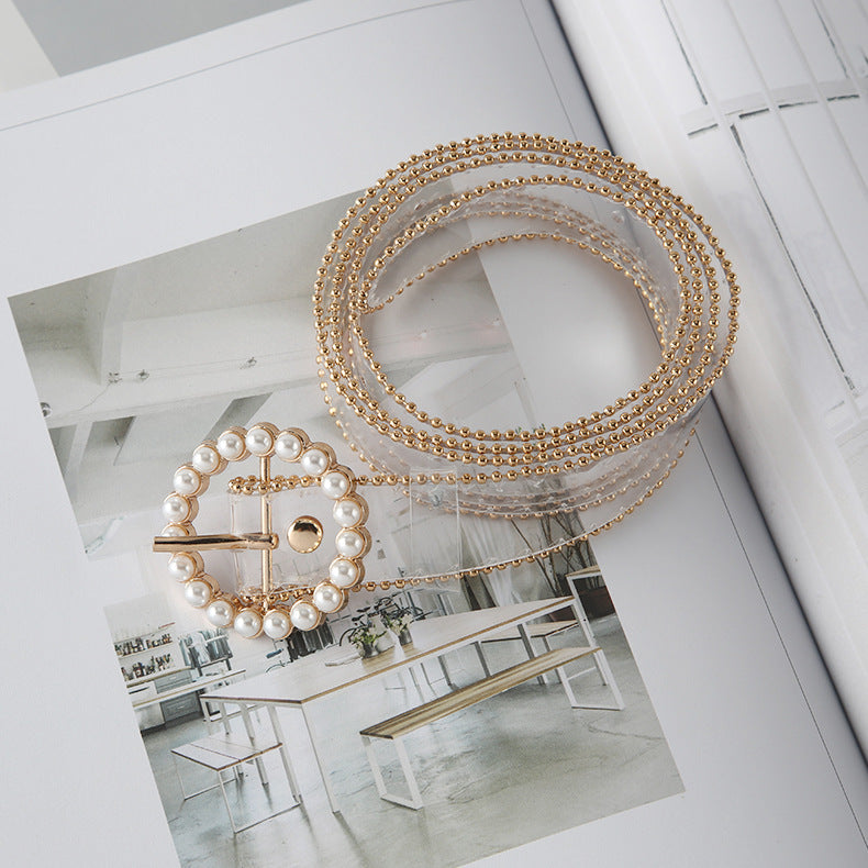 Pearl Shape Artificial Diamond Women's Leather Belt