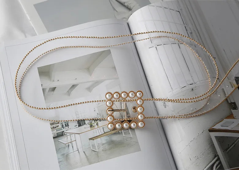 Pearl Shape Artificial Diamond Women's Leather Belt