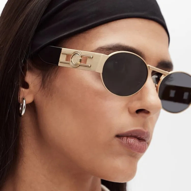 Retro Oval Mini Frame Sunglasses UV Protection Gold And Black Sun Glasses