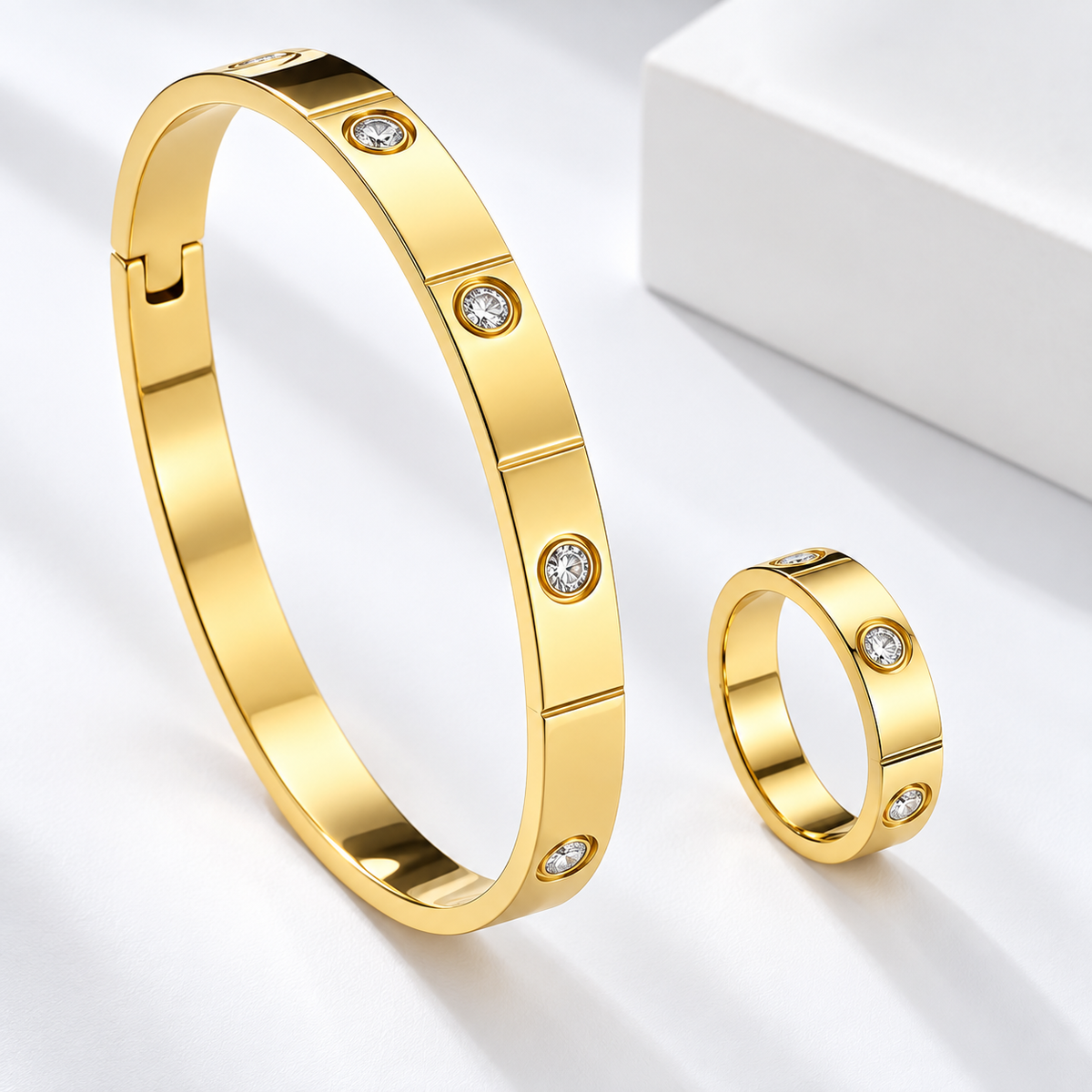 Zircon Diamonds 18K Gold Plated 304 Stainless Steel Ring and Bracelet Set