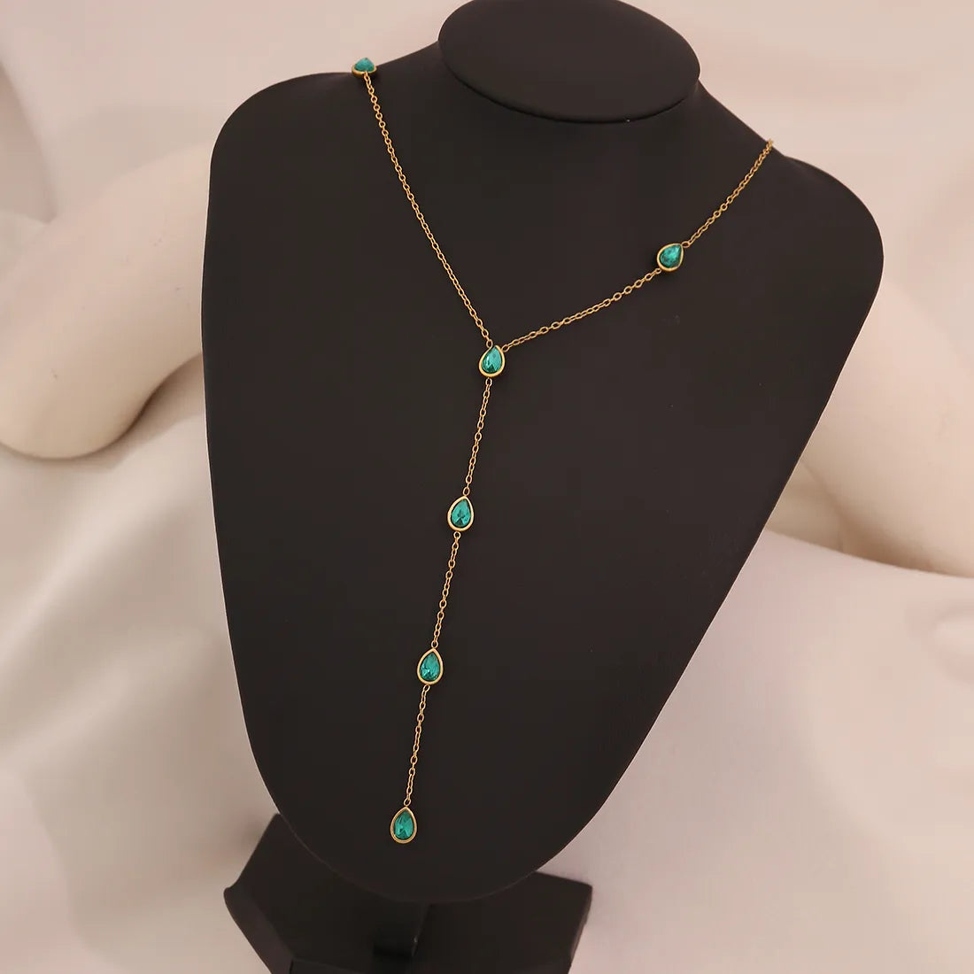 Emerald Green Water Droplets 304 Stainless Steel 18K Gold Plated Cable Chain Necklace