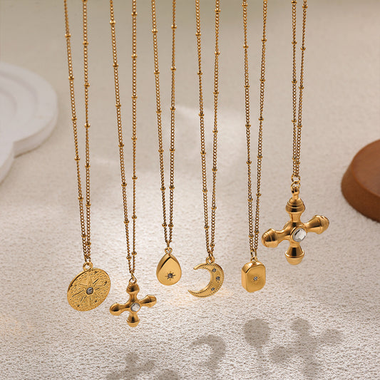 Cross Star Water Droplets 304 Stainless Steel 18K Gold Plated Plating Cable Chain Pendant Necklace