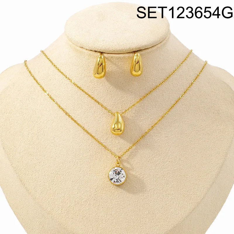 Cute Water Droplets Solid Color 304 Stainless Steel Zircon 18K Gold Plated Plating Cable Chain Jewelry Set