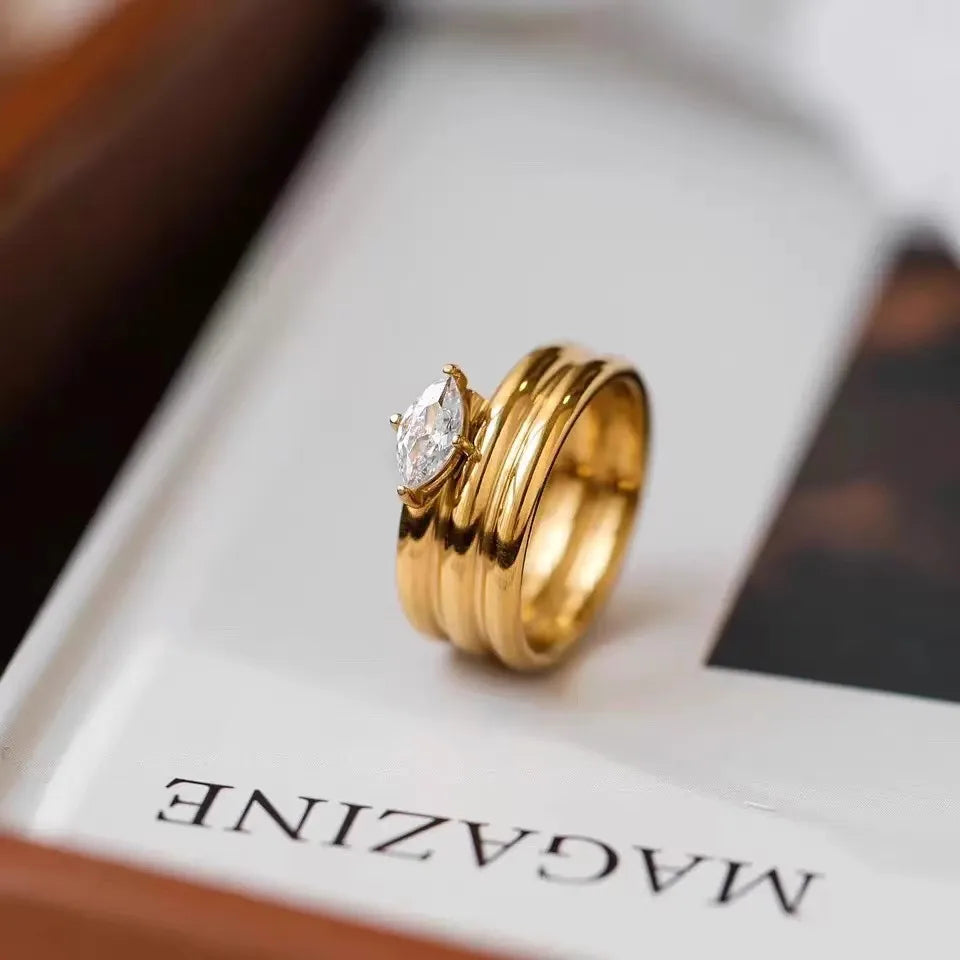 Simple Style Classic Style Water Droplets 304 Stainless Steel Zircon 18K Gold Plated Inlay Ring