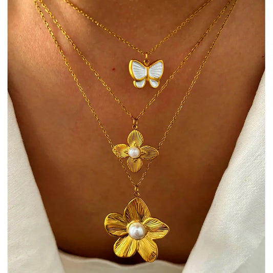 Flower Butterfly 316L Stainless Steel Imitation Pearl Enamel 18K Gold Plated Chain Necklace