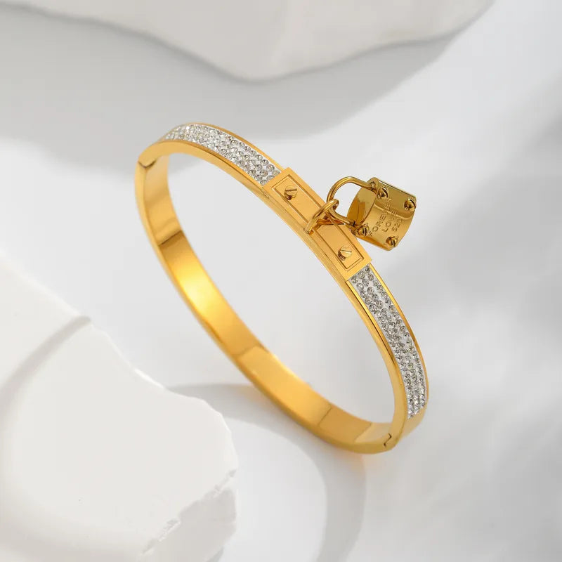Simple Style Diamond Titanium Steel 18K Gold Plated Rhinestones Bangle