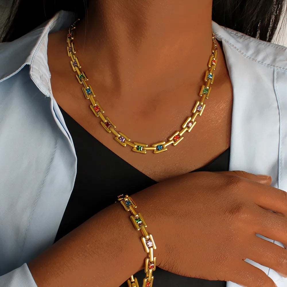 Square 304 Stainless Steel 18K Gold Plated Mouth Chain Bracelets Necklace Jewelry Set
