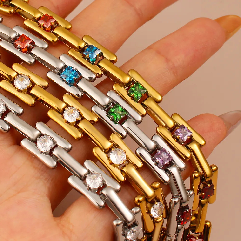 Square 304 Stainless Steel 18K Gold Plated Mouth Chain Bracelets Necklace Jewelry Set