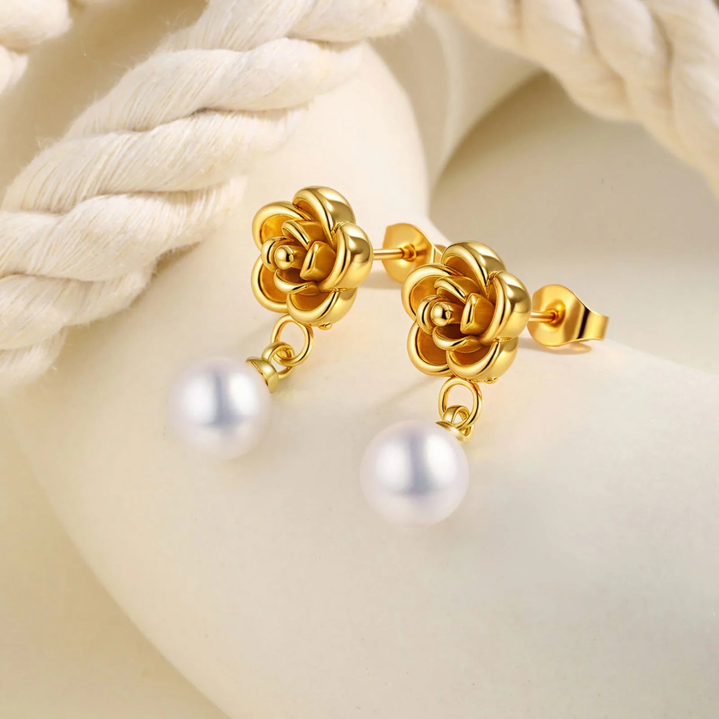 Flower Plating 304 Stainless Steel Titanium Steel Pearls 18K Gold Plated Drop Earrings