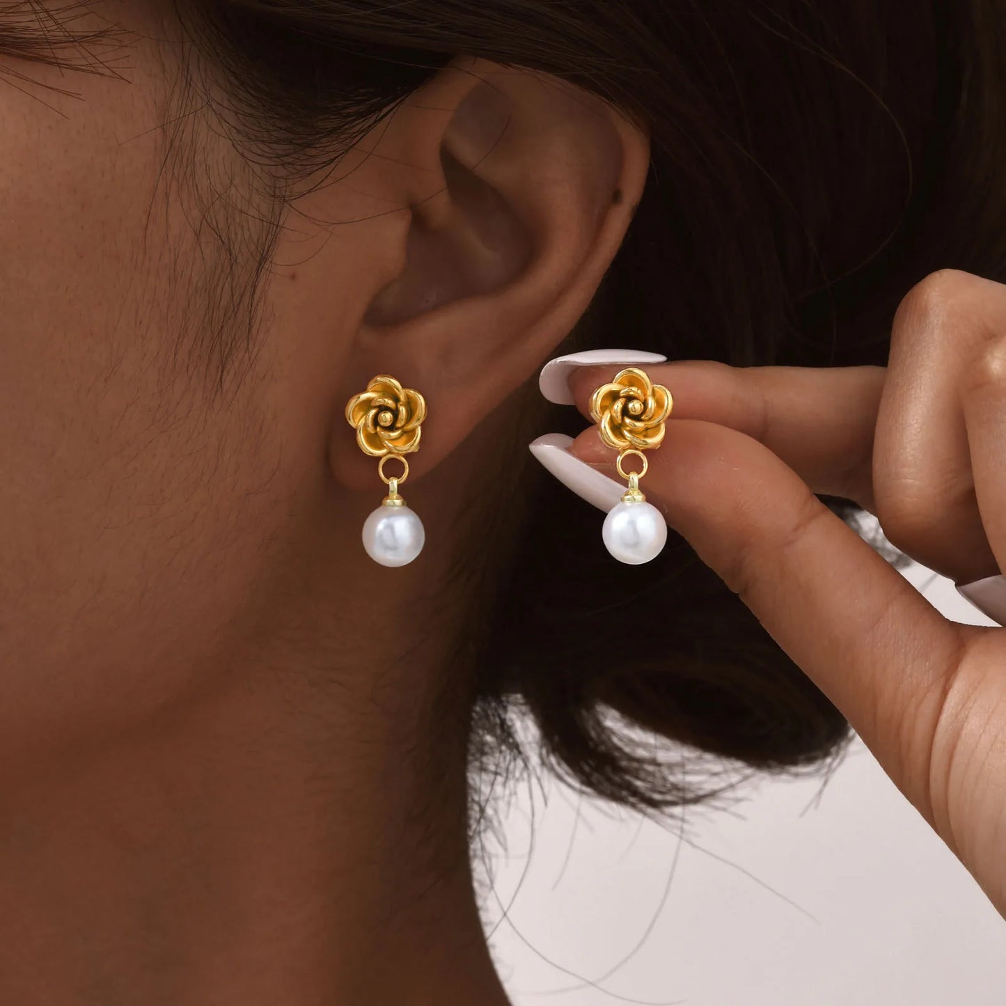 Flower Plating 304 Stainless Steel Titanium Steel Pearls 18K Gold Plated Drop Earrings