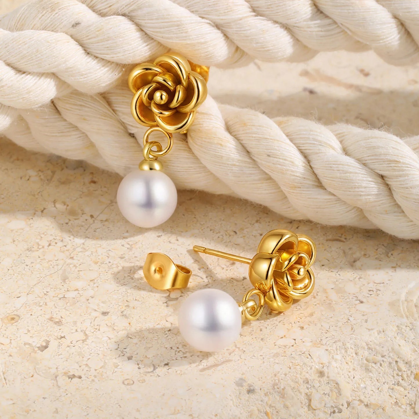 Flower Plating 304 Stainless Steel Titanium Steel Pearls 18K Gold Plated Drop Earrings