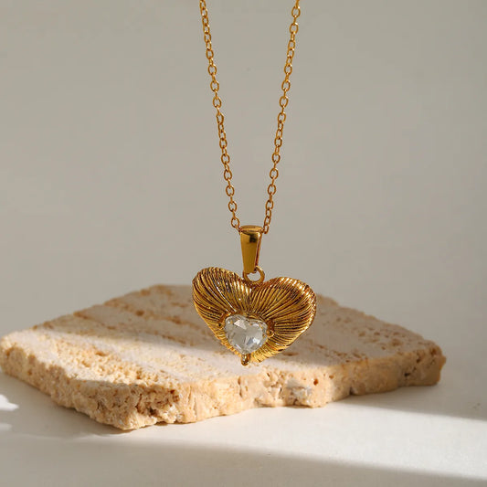 Heart Shape 304 Stainless Steel Zircon 18K Gold Plated Plating Inlay Cable Chain Pendant Necklace