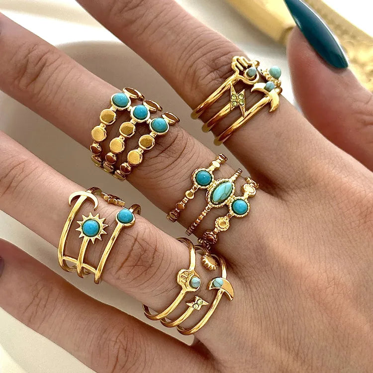 Turquoise Moon Star 18K Gold Plated 304 Stainless Steel Ring