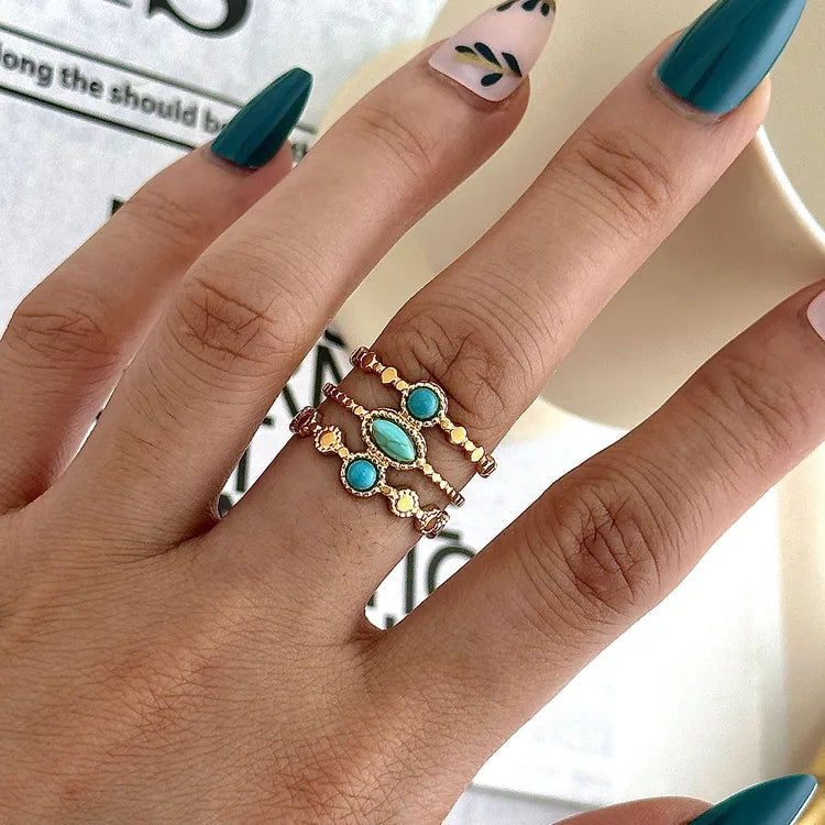 Turquoise Moon Star 18K Gold Plated 304 Stainless Steel Ring