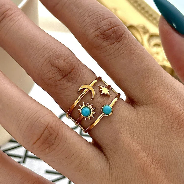 Turquoise Moon Star 18K Gold Plated 304 Stainless Steel Ring