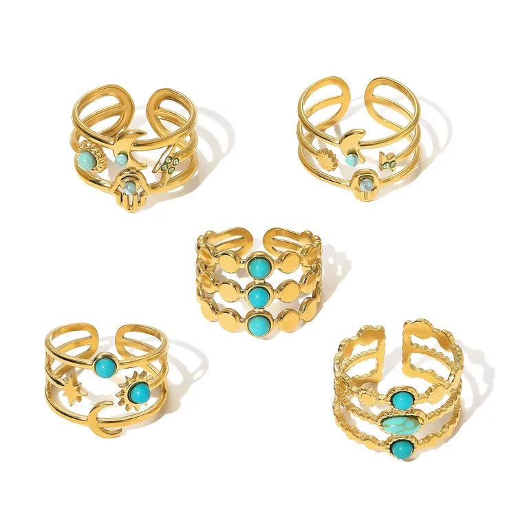 Turquoise Moon Star 18K Gold Plated 304 Stainless Steel Ring