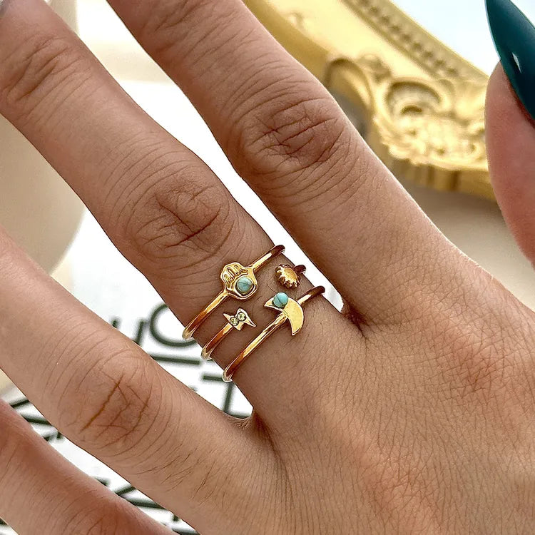 Turquoise Moon Star 18K Gold Plated 304 Stainless Steel Ring