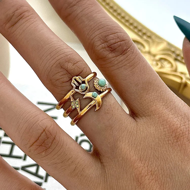 Turquoise Moon Star 18K Gold Plated 304 Stainless Steel Ring
