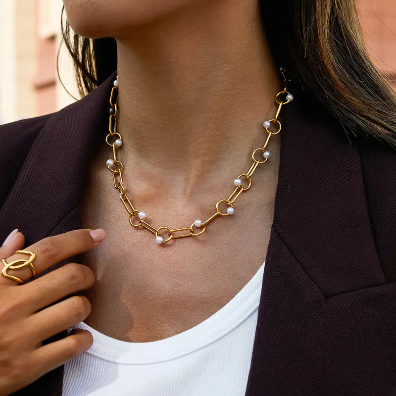 Pearls 304 Stainless Steel Chain And 18K Gold Plated PVD Necklace