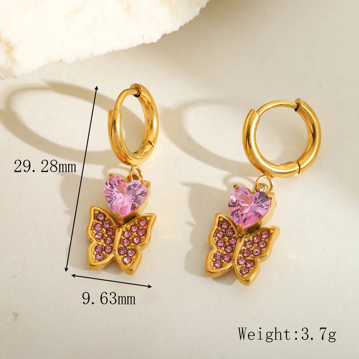 Heart Shape Butterfly Plating 304 Stainless Steel Zircon 18K Gold Plated Drop Earrings