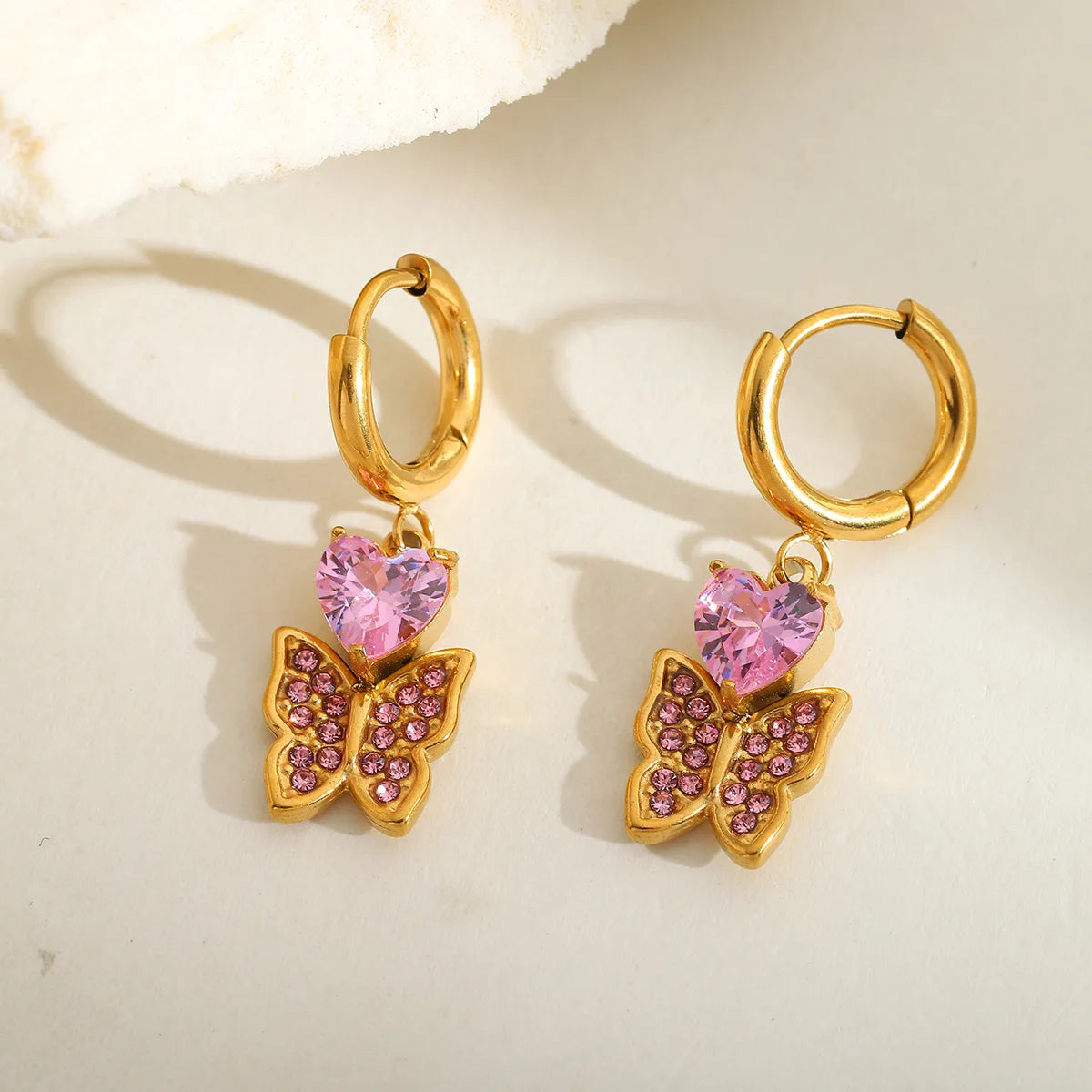 Heart Shape Butterfly Plating 304 Stainless Steel Zircon 18K Gold Plated Drop Earrings