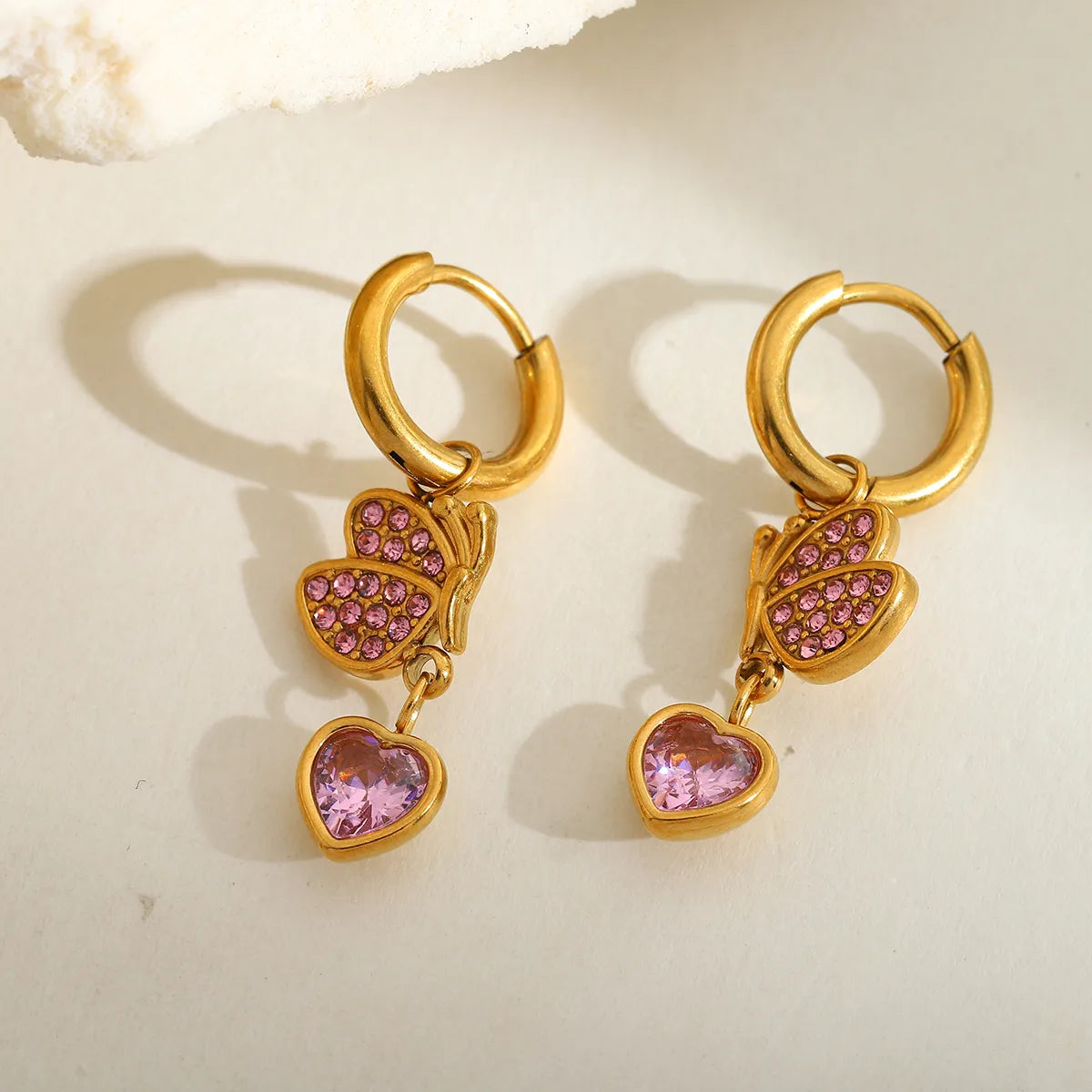 Heart Shape Butterfly Plating 304 Stainless Steel Zircon 18K Gold Plated Drop Earrings