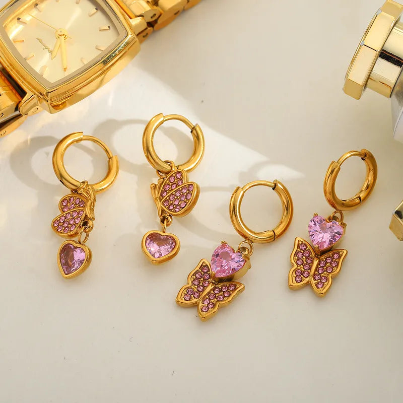 Heart Shape Butterfly Plating 304 Stainless Steel Zircon 18K Gold Plated Drop Earrings
