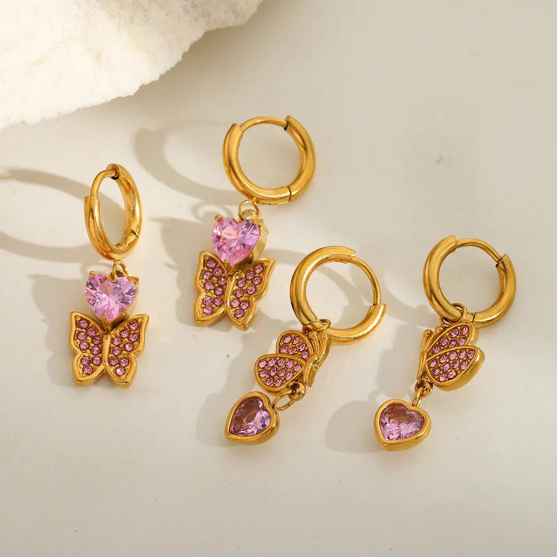 Heart Shape Butterfly Plating 304 Stainless Steel Zircon 18K Gold Plated Drop Earrings