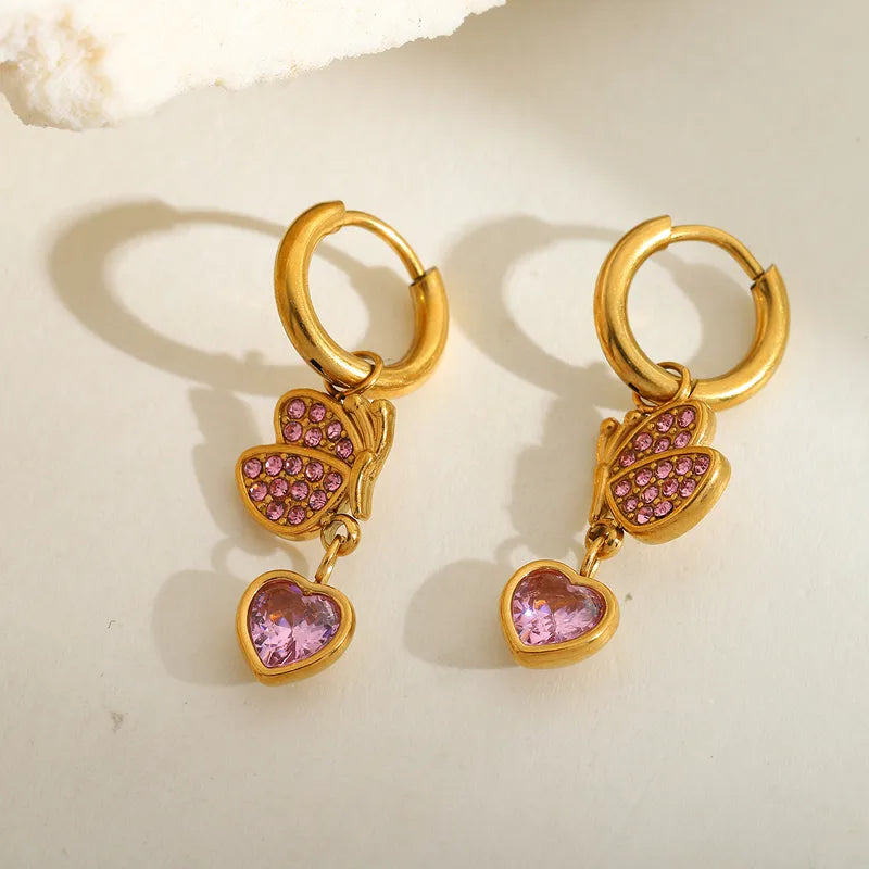 Heart Shape Butterfly Plating 304 Stainless Steel Zircon 18K Gold Plated Drop Earrings