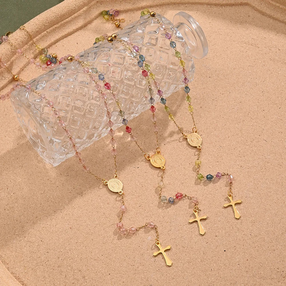 Virgin Mary 304 Stainless Steel Glass Bead 18K Gold Plated Chain Necklace