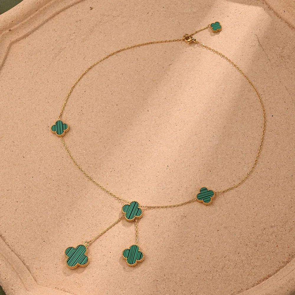 Four Leaf Clover 304 Stainless Steel Shell 18K Gold Plated Tassel Chain Necklace