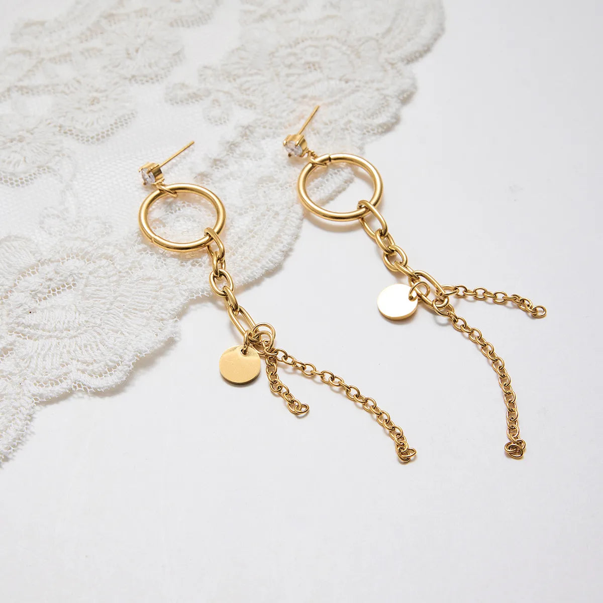 Modern Minimalist 18K Gold Plated Stainless Steel Zirconia White Tassel Earrings