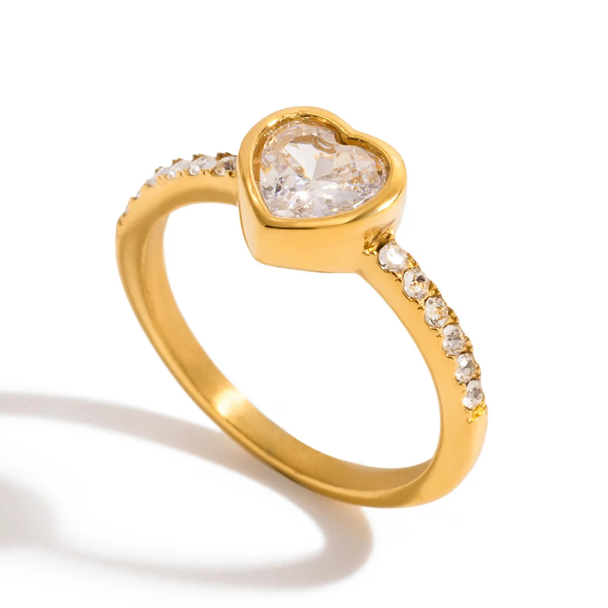 Classic Heart Style 18K Gold 304 Stainless Steel + Zircon White Ring