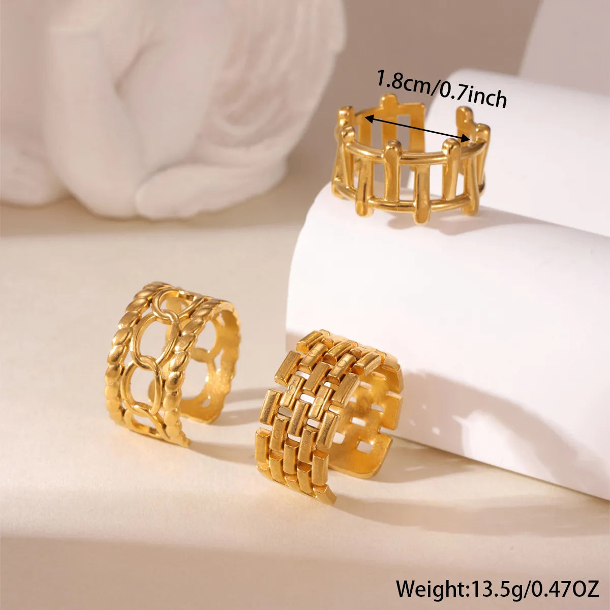 Three-Piece Geometric 18K Gold-Plated Stainless Steel Ring Set