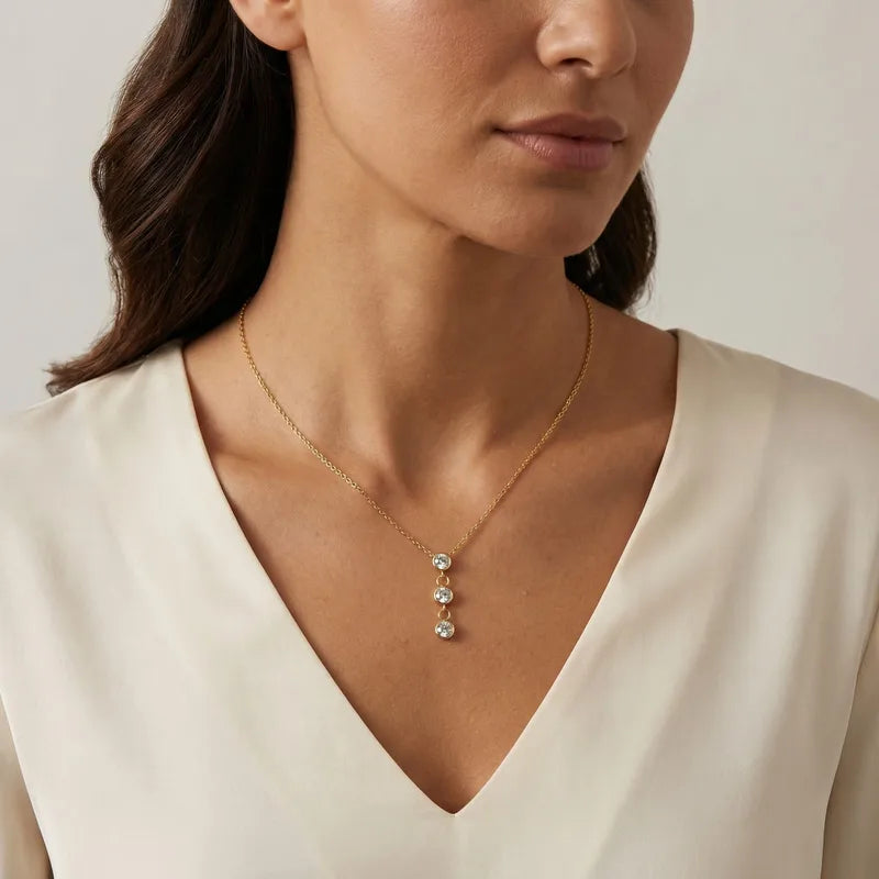 Three Electroplated Zirconia 18K Gold Plated 304 Stainless Steel Necklace