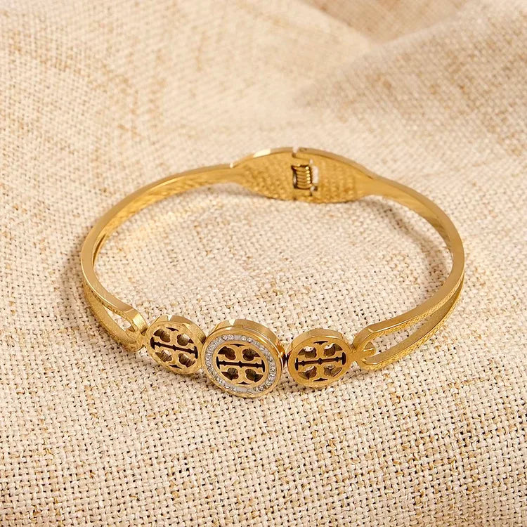 Tory Burch Style 304 Stainless Steel 18K Gold Plated Zircon Bangle