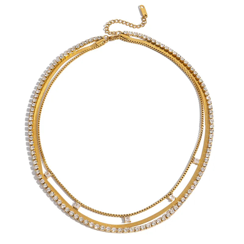 Classic Zirconia Necklace 18K Gold Plated Stainless Steel Multi Layer Necklace