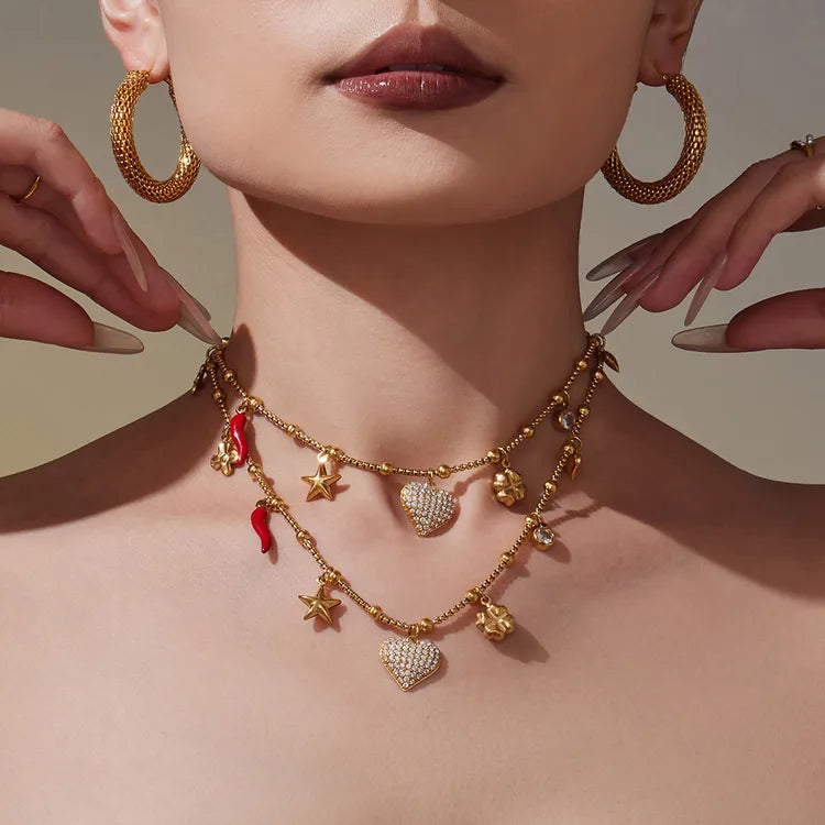 Heart Zircon Charms 304 Stainless Steel 18K Gold Plated Necklace