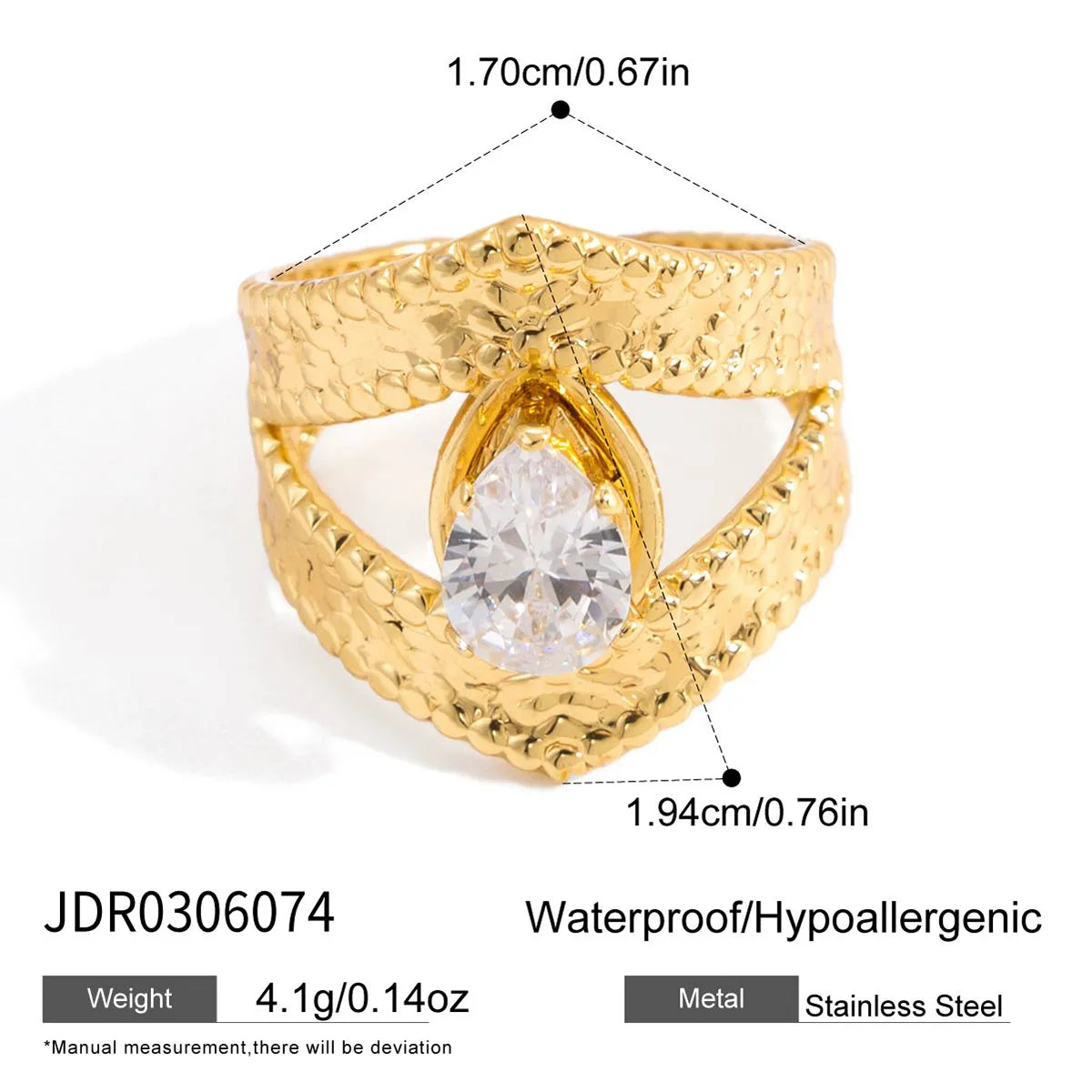 Classic Ladies Zirconia 18K Gold Stainless Steel Open Ring