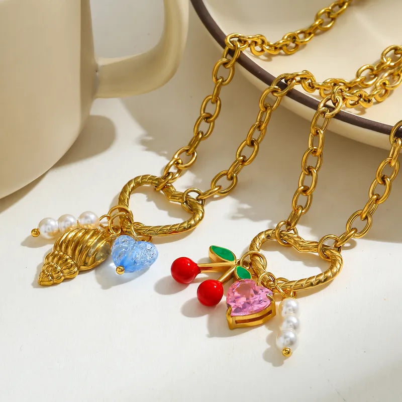 Pearl Heart Cherry 18K Gold Plated Stainless Steel Charm Necklace