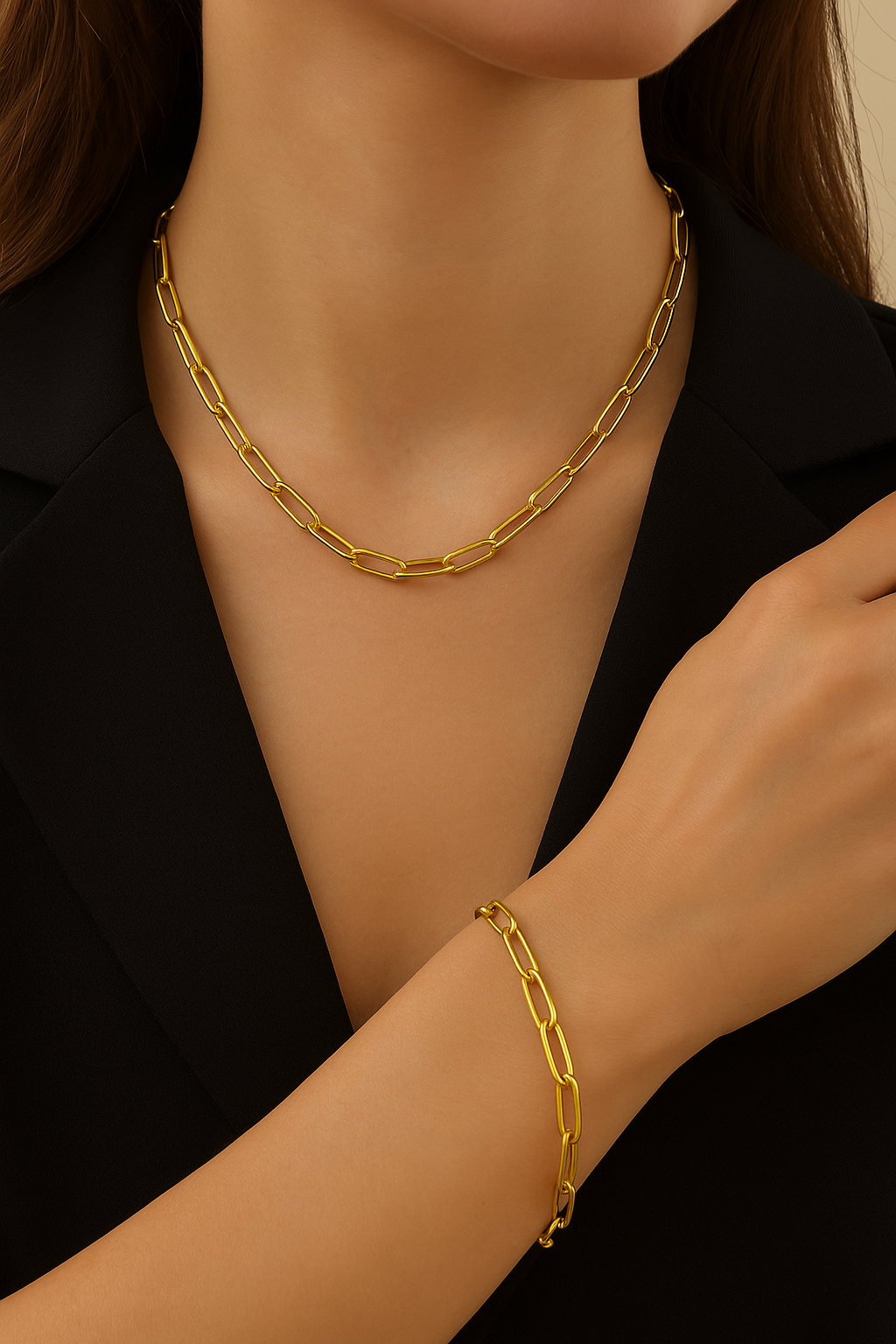 Paper clip 304 Stainless Steel 18K Gold Plated Vintage Bracelet and Necklace