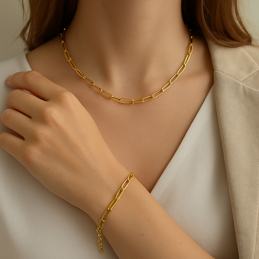 Paper clip 304 Stainless Steel 18K Gold Plated Vintage Bracelet and Necklace