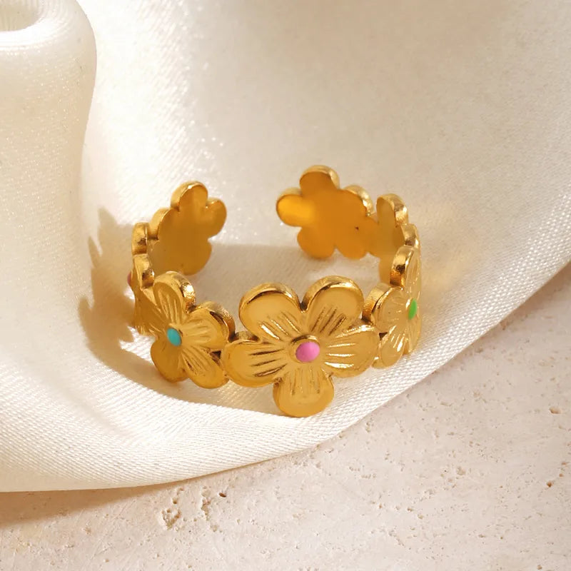 Enamel Flowers 18K Gold Plated 304 Stainless Steel Ring