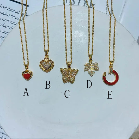 Luxurious Maple Leaf Heart Shape Butterfly 304 Stainless Steel Zircon 18K Gold Plated Necklace