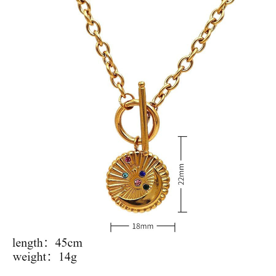 Moon 304 Stainless Steel Zircon 18K Gold Plated Chain Pendant Necklace