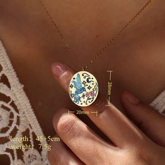 Flying Birdy 304 Stainless Steel Zircon 18K Gold Plated Enamel Pendant Necklace