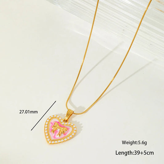 Heart Shape 304 Stainless Steel Imitation Pearl Zircon 18K Gold Plated Necklace