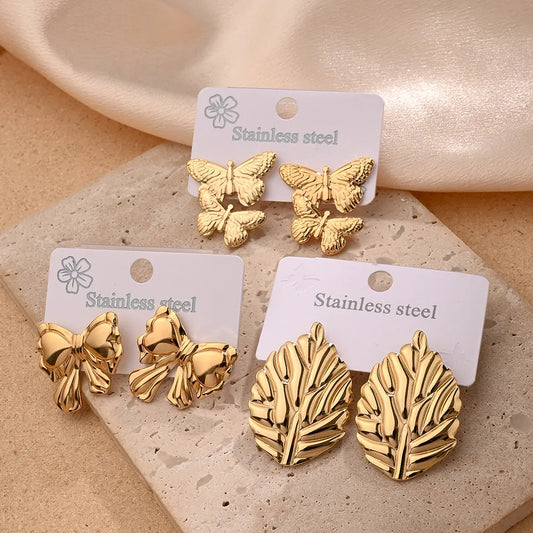 Leaves Butterfly Bow Knot Polishing Plating 201 Stainless Steel 18K Gold Plated Earrings