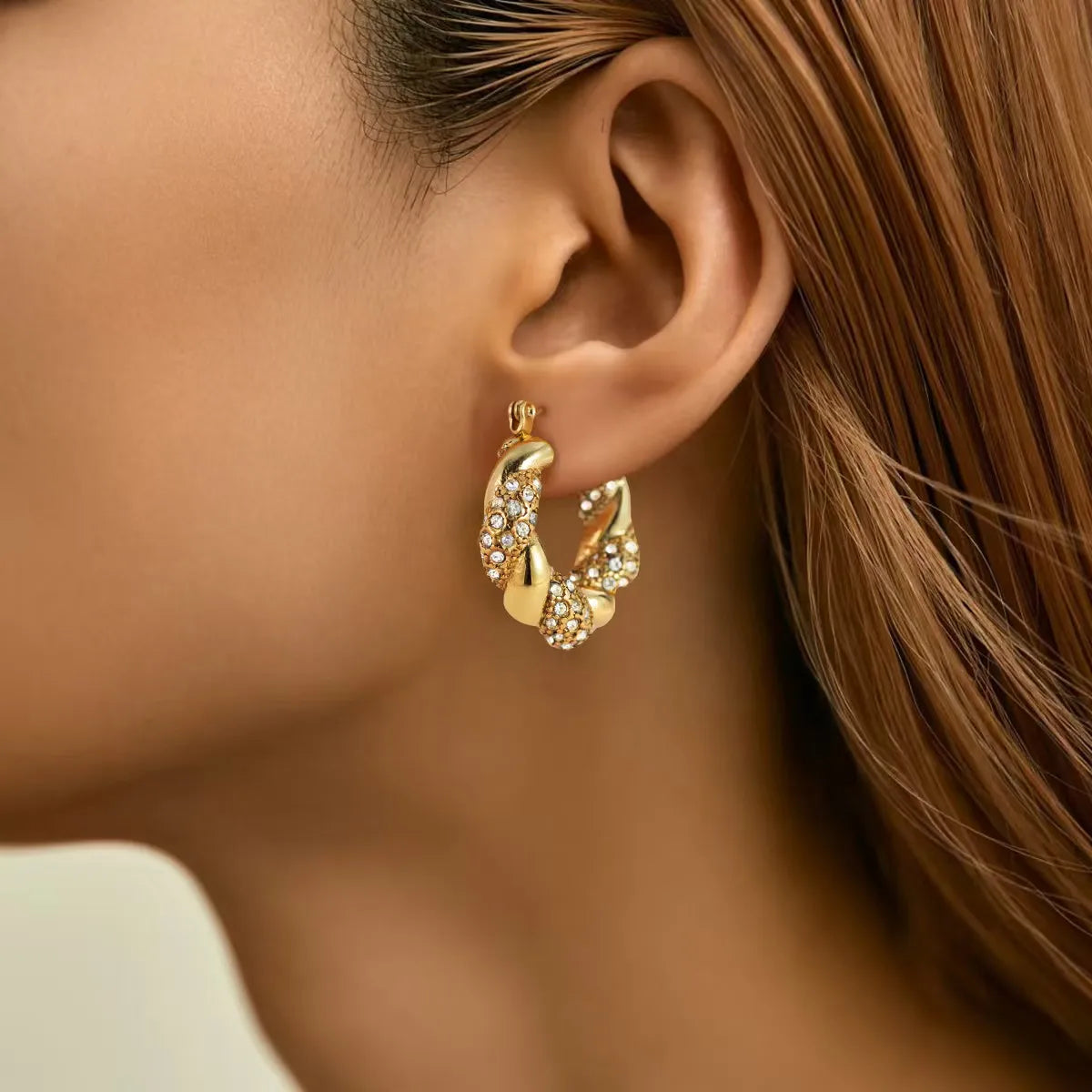 U Shape Plating Inlay 304 Stainless Steel Zircon 18K Gold Plated Ear Studs